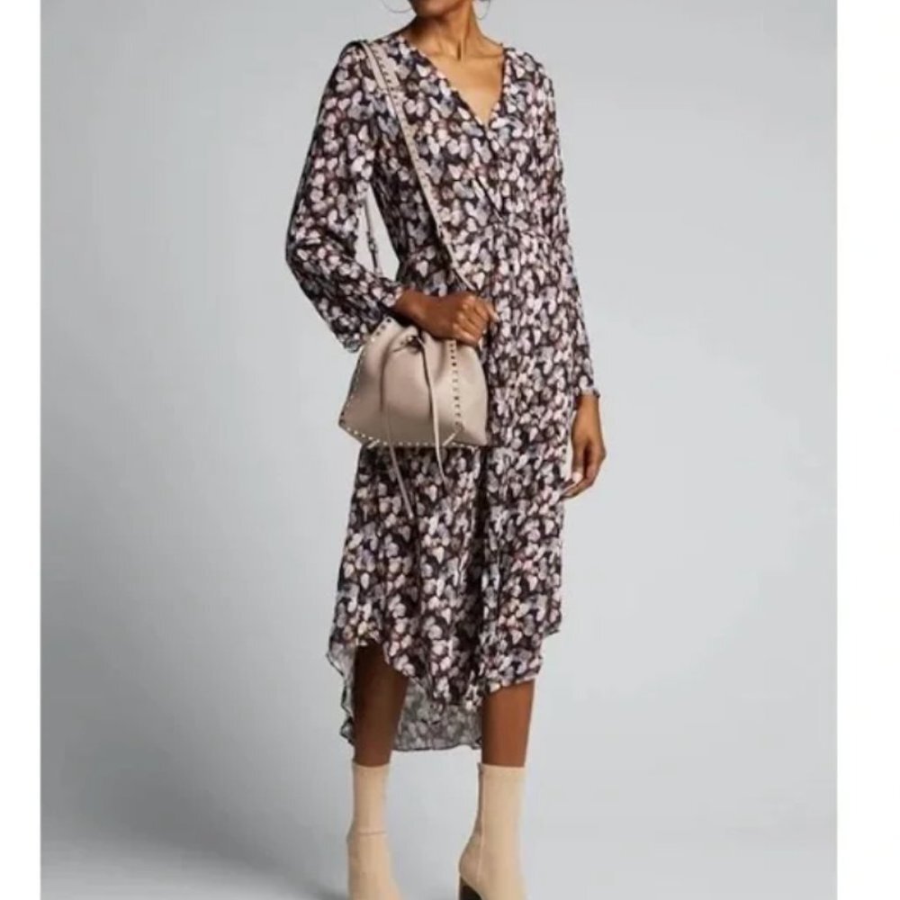 Vince Esme V-Neck Long Sleeve Micro Painted Floral Twist Drape Midi Dress Sz 14 - Picture 4 of 12